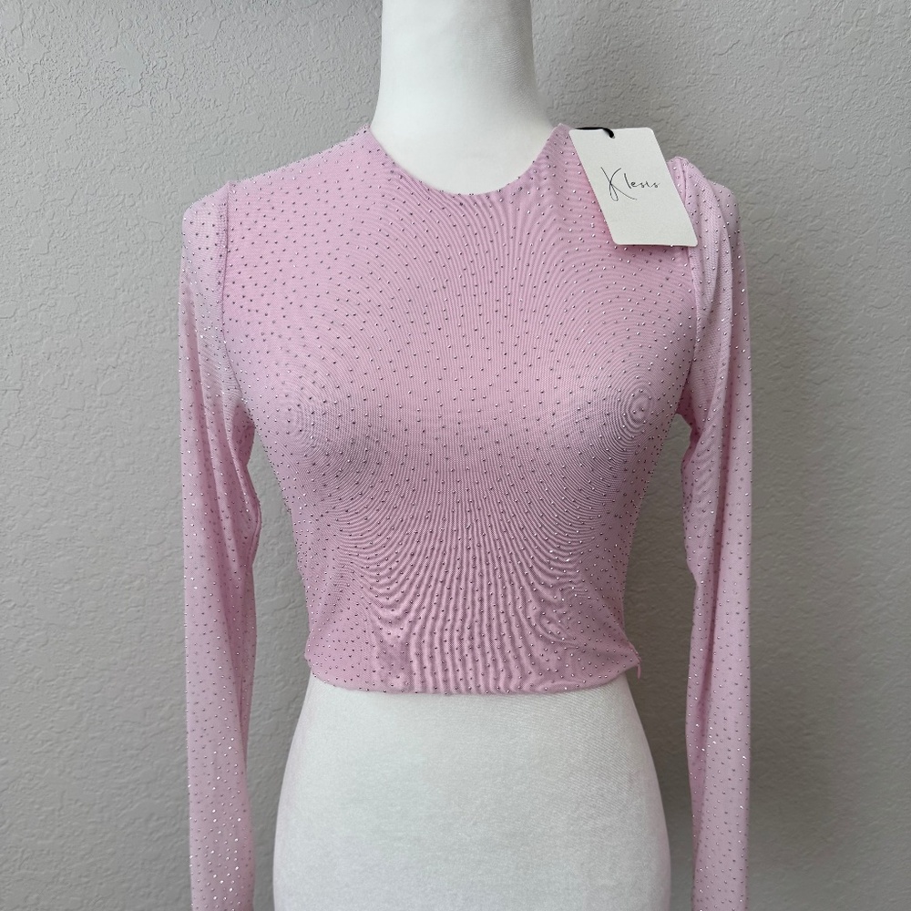 NWT Klesis Pink Long Sleeve Crop Rhinestone Top Women's Size S J